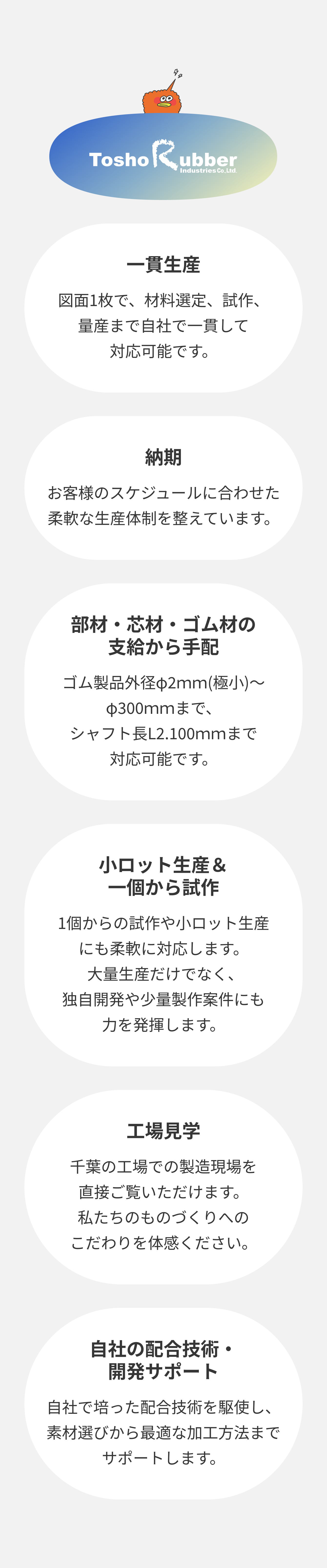 東商ゴム工業ができること：一貫生産、納期、部材・芯材・ゴム材の支給から手配、小ロット生産＆一個から試作、工場見学、自社の配合技術・開発サポート